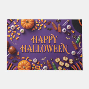 Happy Halloween Flat Lay Greeting on Purple Doormat