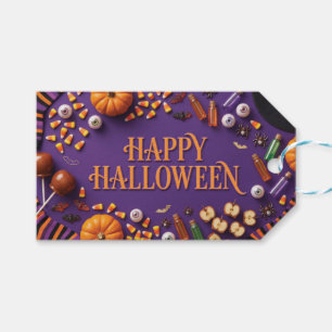 Happy Halloween Flat Lay Greeting on Purple Gift Tags