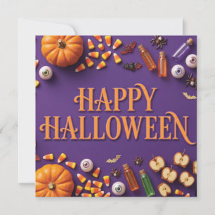 Happy Halloween Flat Lay Greeting on Purple  Holiday Card