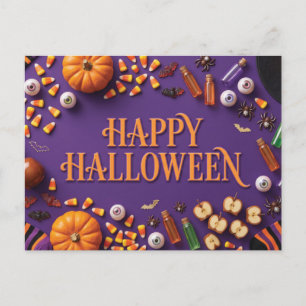 Happy Halloween Flat Lay Greeting on Purple Holiday Postcard