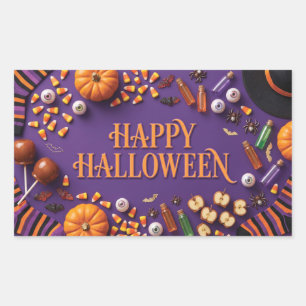 Happy Halloween Flat Lay Greeting on Purple Rectangular Sticker