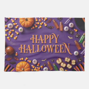 Happy Halloween Flat Lay Greeting on Purple Tea Towel