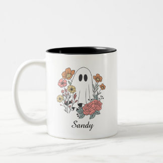 Happy Halloween floral cute ghost monogram name Two-Tone Coffee Mug