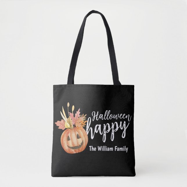 Happy Halloween Floral Pumpkin Personalised Tote Bag (Front)