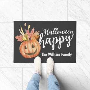 Happy Halloween Floral Pumpkin Personalized Doormat