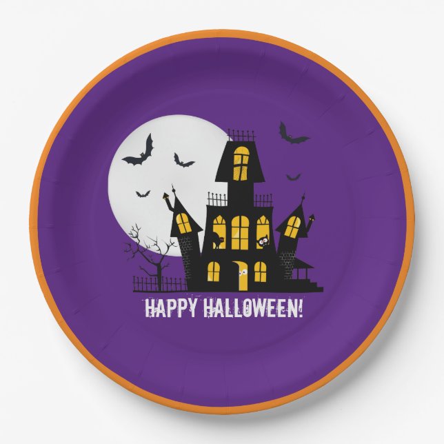Happy Halloween Flying Bats Spooky Haunted House Paper Plate (Front)