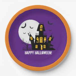Happy Halloween Flying Bats Spooky Haunted House Paper Plate