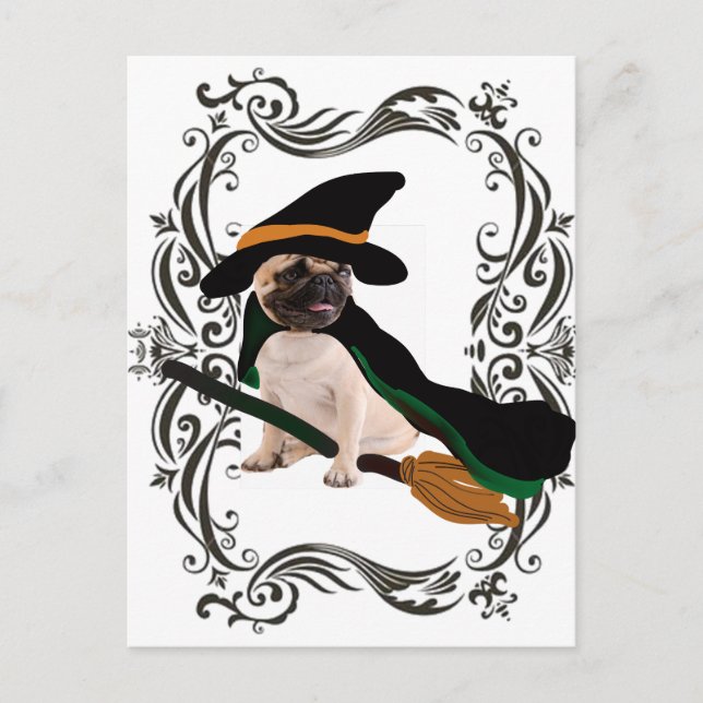 happy halloween flying broom witch pug postcard (Front)