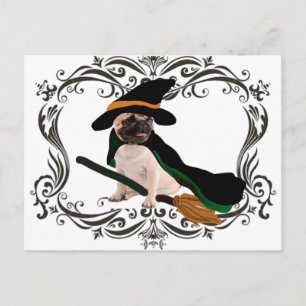 happy halloween flying broom witch pug postcard