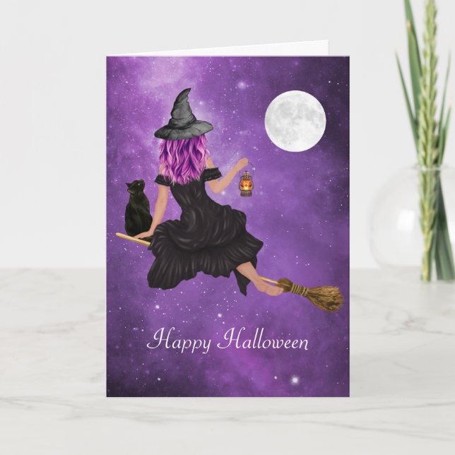  Happy Halloween Flying Magical Witch Card (Front)