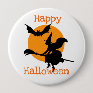 Happy Halloween Flying Witch and Bat 10 Cm Round Badge