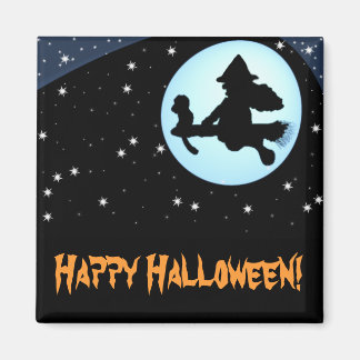 Happy Halloween Flying Witch and Monkey Magnet