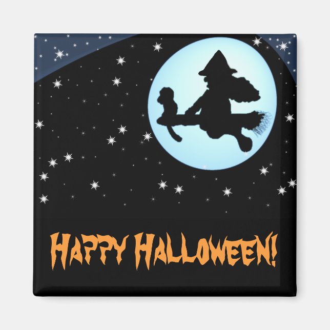 Happy Halloween Flying Witch and Monkey Magnet (Front)