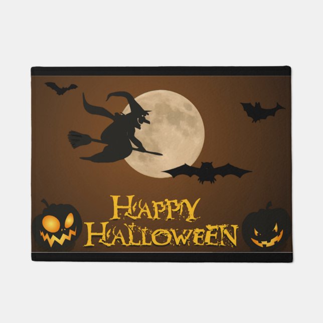 "HAPPY HALLOWEEN" FLYING WITCH DOORMAT (Front)