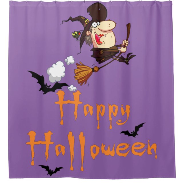 Happy Halloween Flying Witch Shower Curtain (Front)