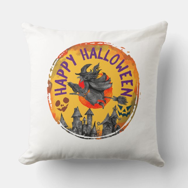 Happy Halloween – Flying Witch, Spooky House Cushion (Front)