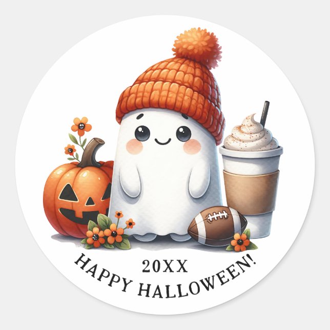 Happy Halloween Football Theme Ghost Classic Round Sticker (Front)