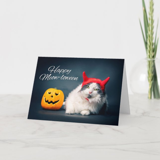Happy Halloween For Anyone Cat in Devil Costume Holiday Card (Front)
