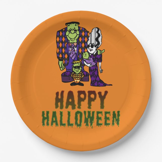 Happy Halloween Frankenstein Family Paper Plate (Front)