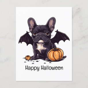 Happy Halloween French Bulldog Bat Wings Pumpkins Postcard