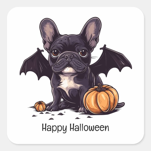 Happy Halloween French Bulldog Bat Wings Pumpkins Square Sticker (Front)