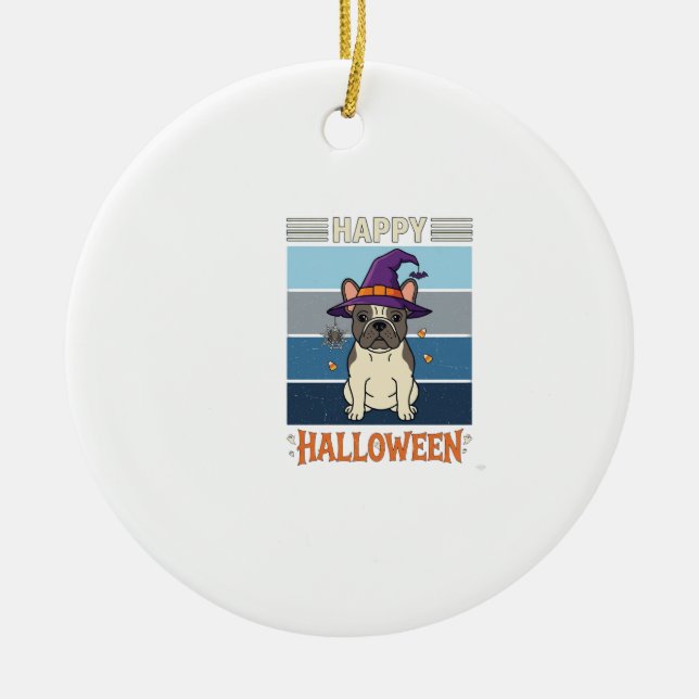 Happy Halloween French Bulldog Witch Spider Web Ca Ceramic Tree Decoration (Front)