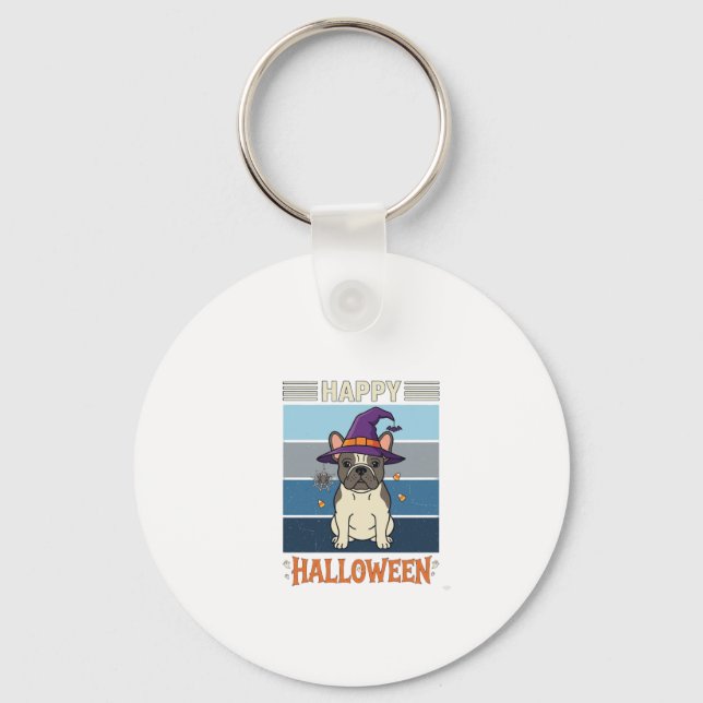 Happy Halloween French Bulldog Witch Spider Web Ca Key Ring (Front)