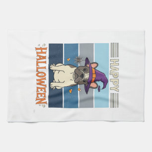 Happy Halloween French Bulldog Witch Spider Web Ca Tea Towel