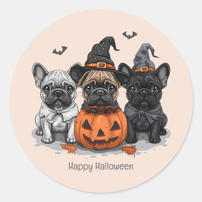 Happy Halloween French Bulldogs Classic Round Sticker (Front)