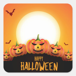 Happy Halloween (Full Moon and Pumpkins) Square Sticker