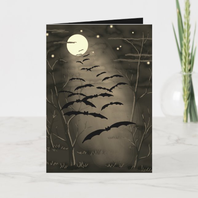 Happy Halloween Full Yellow Moon Bats Vintage Card (Front)