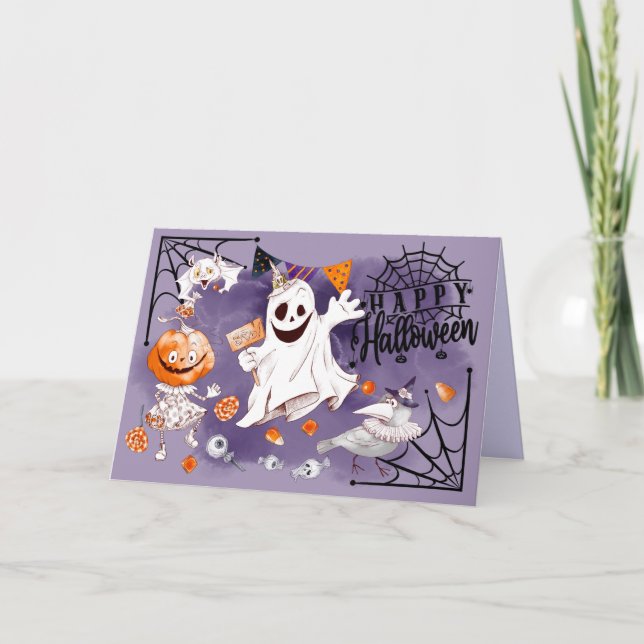 Happy Halloween. Fun Ghost, Pumpkin Girl, Raven Card (Front)