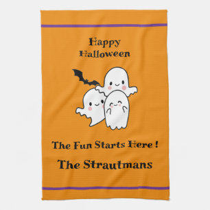 Happy Halloween Fun PERSONALIZE Ghost Bat Orange  Tea Towel