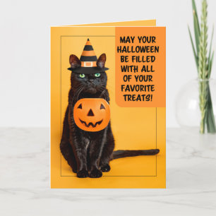 Happy Halloween Funny Black Cat in Witch Hat Holiday Card