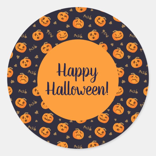 Happy Halloween Funny Orange Pumpkins Pattern Classic Round Sticker (Front)