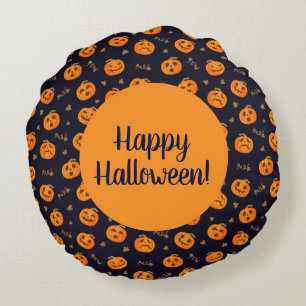 Happy Halloween Funny Orange Pumpkins Pattern Round Cushion