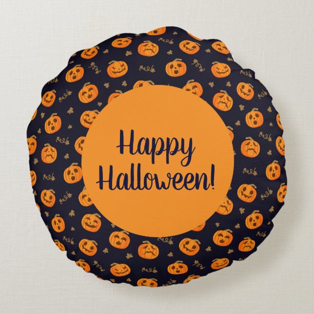 Happy Halloween Funny Orange Pumpkins Pattern Round Cushion (Back)