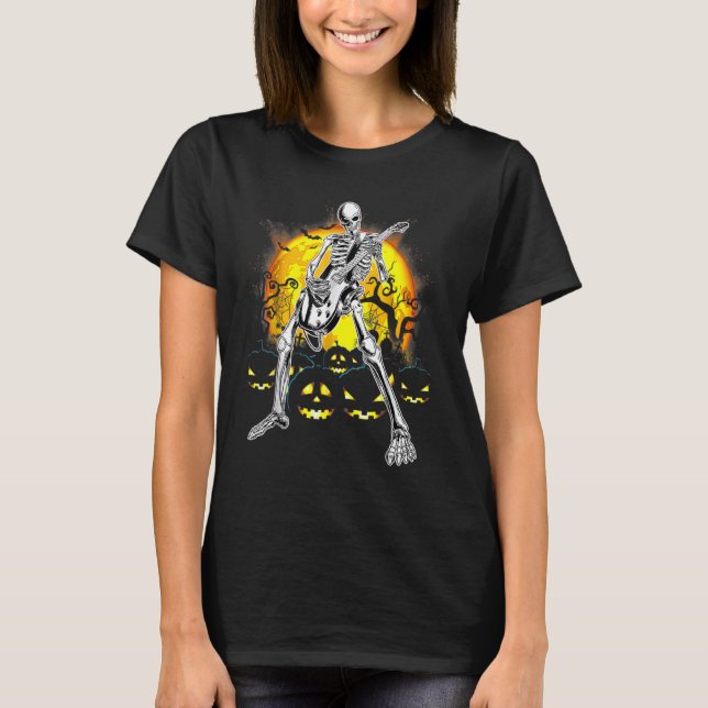 Happy Halloween Funny Skeleton Playing Guitar Pump T-Shirt (Front)