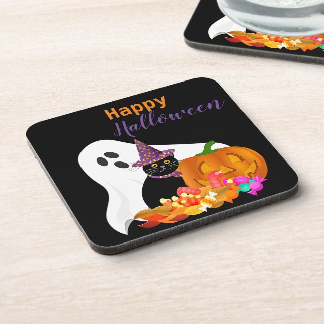 Happy Halloween Ghost and Black Cat Plastic  Coaster (Left Side)