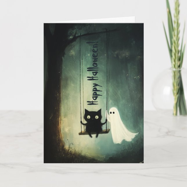 Happy Halloween Ghost and Cat on Swing Thank You Card (Front)