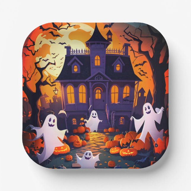 Happy Halloween Ghost And Haunted House Paper Plate (Front)