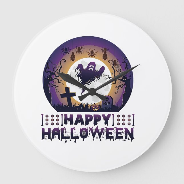 Happy Halloween Ghost Bats Spiders_1 Large Clock (Front)