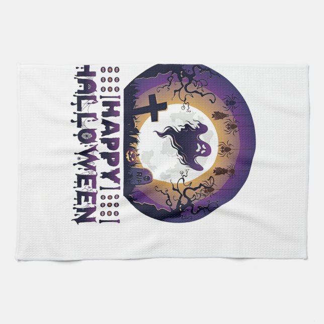 Happy Halloween Ghost Bats Spiders_1 Tea Towel (Horizontal)