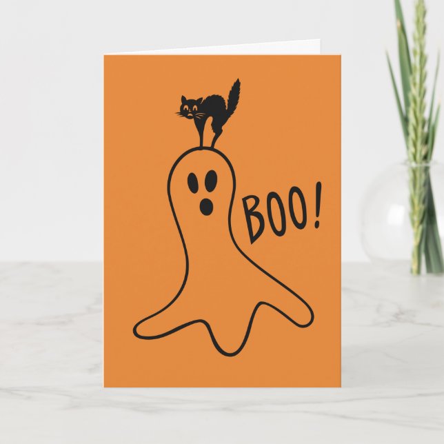 Happy Halloween Ghost Black Cat Cute Orange Card (Front)