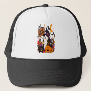 Happy Halloween Ghost & Black Cat Pumpkin Trucker Hat