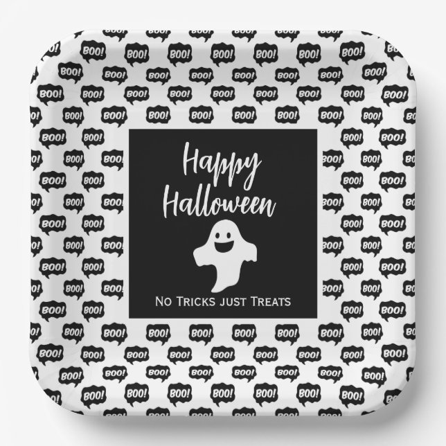 Happy Halloween ghost boo no tricks just treats Paper Plate (Front)