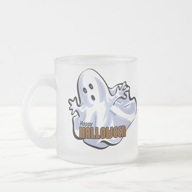 Happy Halloween Ghost Cartoon Frosted Glass Coffee Mug (Left)