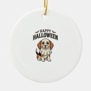 Happy Halloween Ghost Dog Vintage Engraving Shirt_ Ceramic Tree Decoration