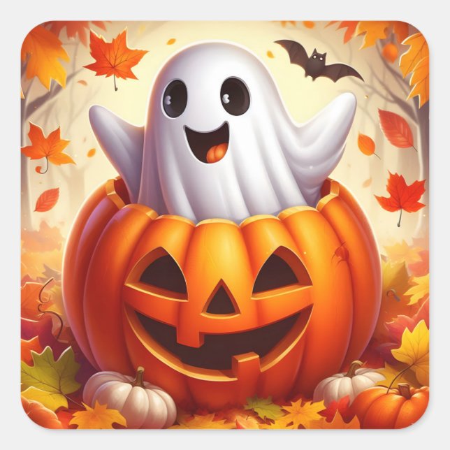 Happy Halloween Ghost in pumpkin Square Sticker (Front)