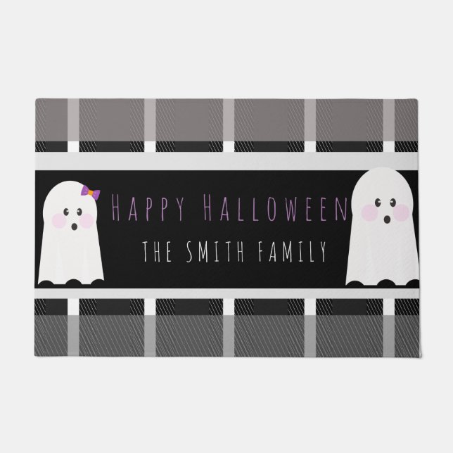 Happy Halloween Ghost Plaid Pattern Name  Doormat (Front)